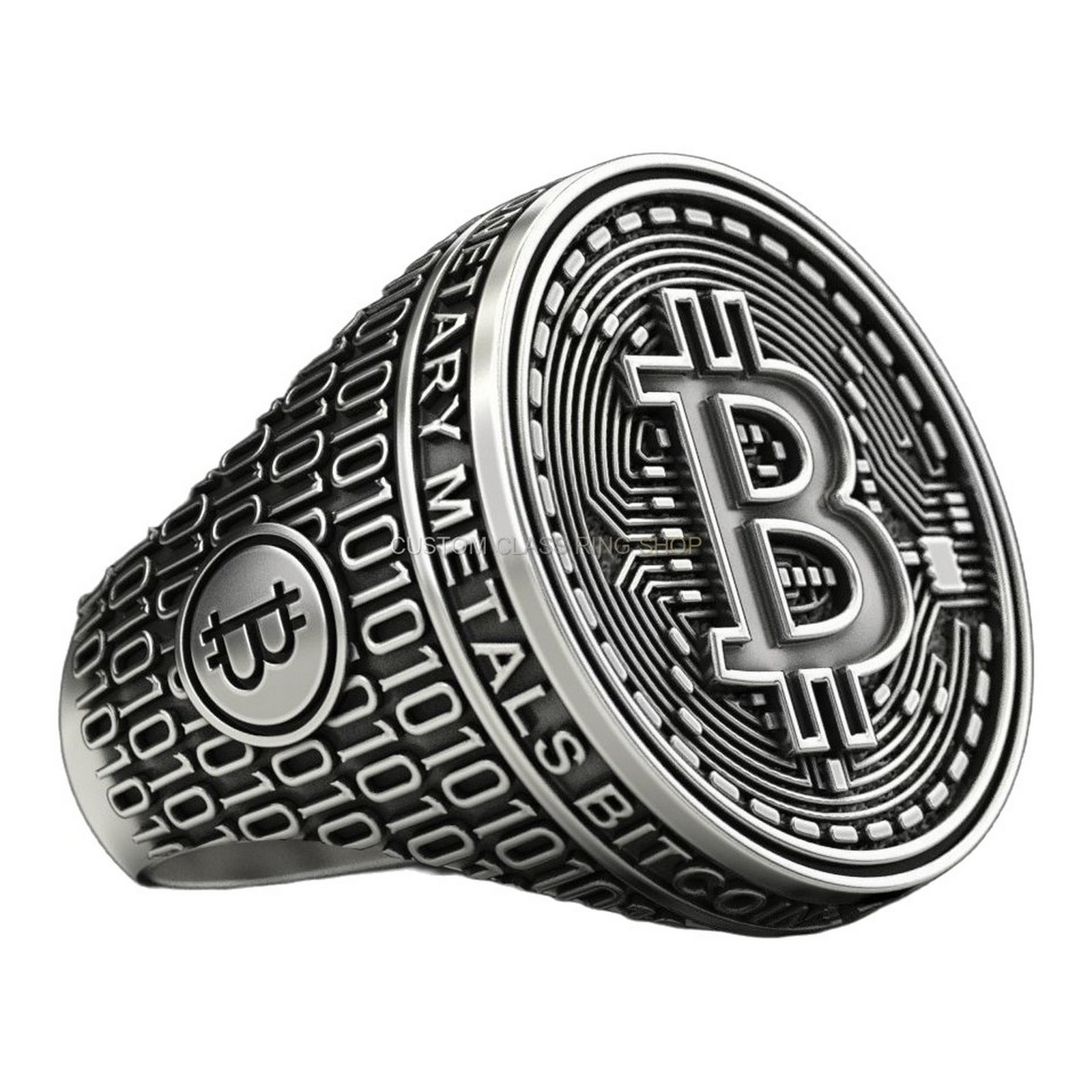 Mens 925 silver bitcoin signet ring with deep-relief symbol and binary code band