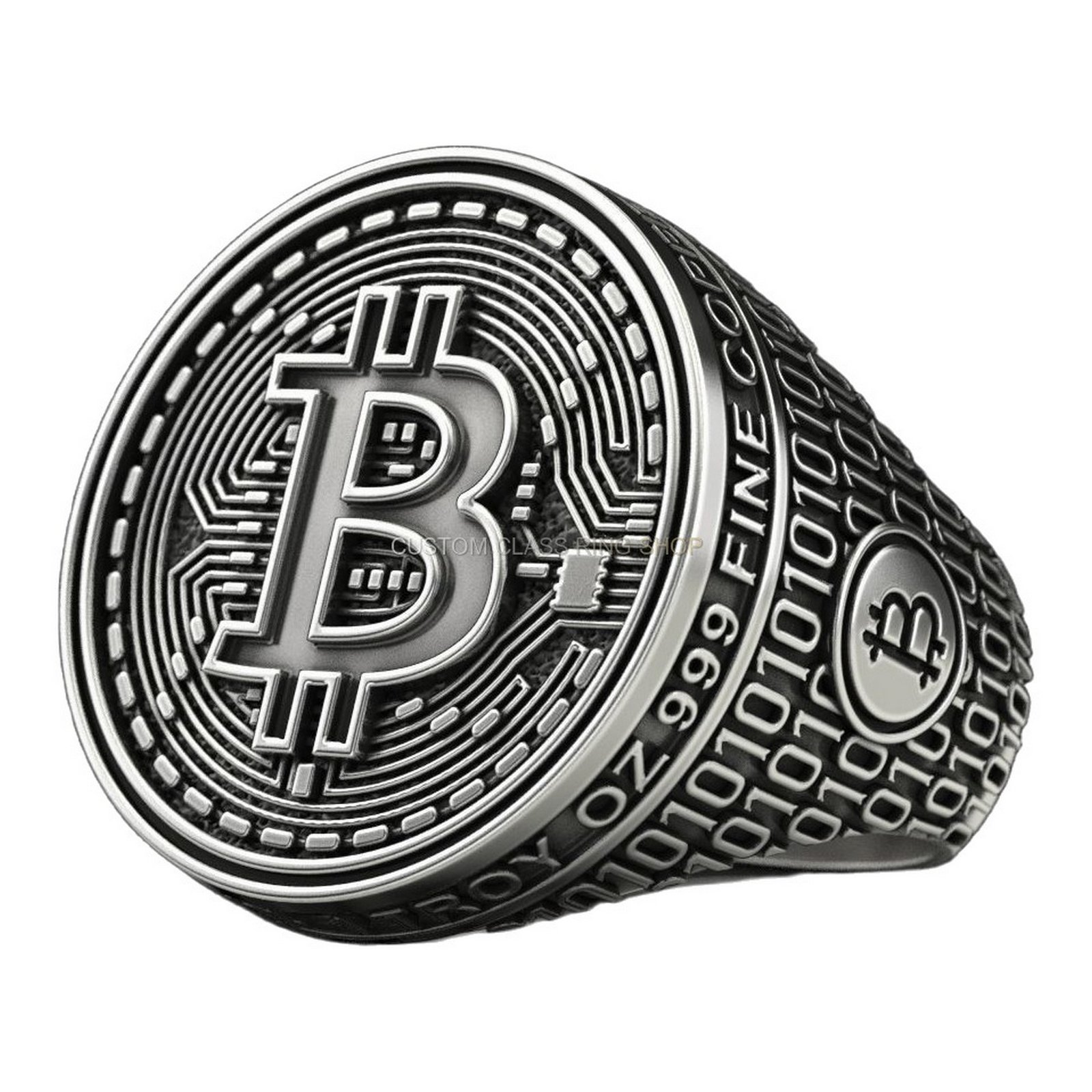 Mens 925 silver bitcoin signet ring with deep-relief symbol and binary code band