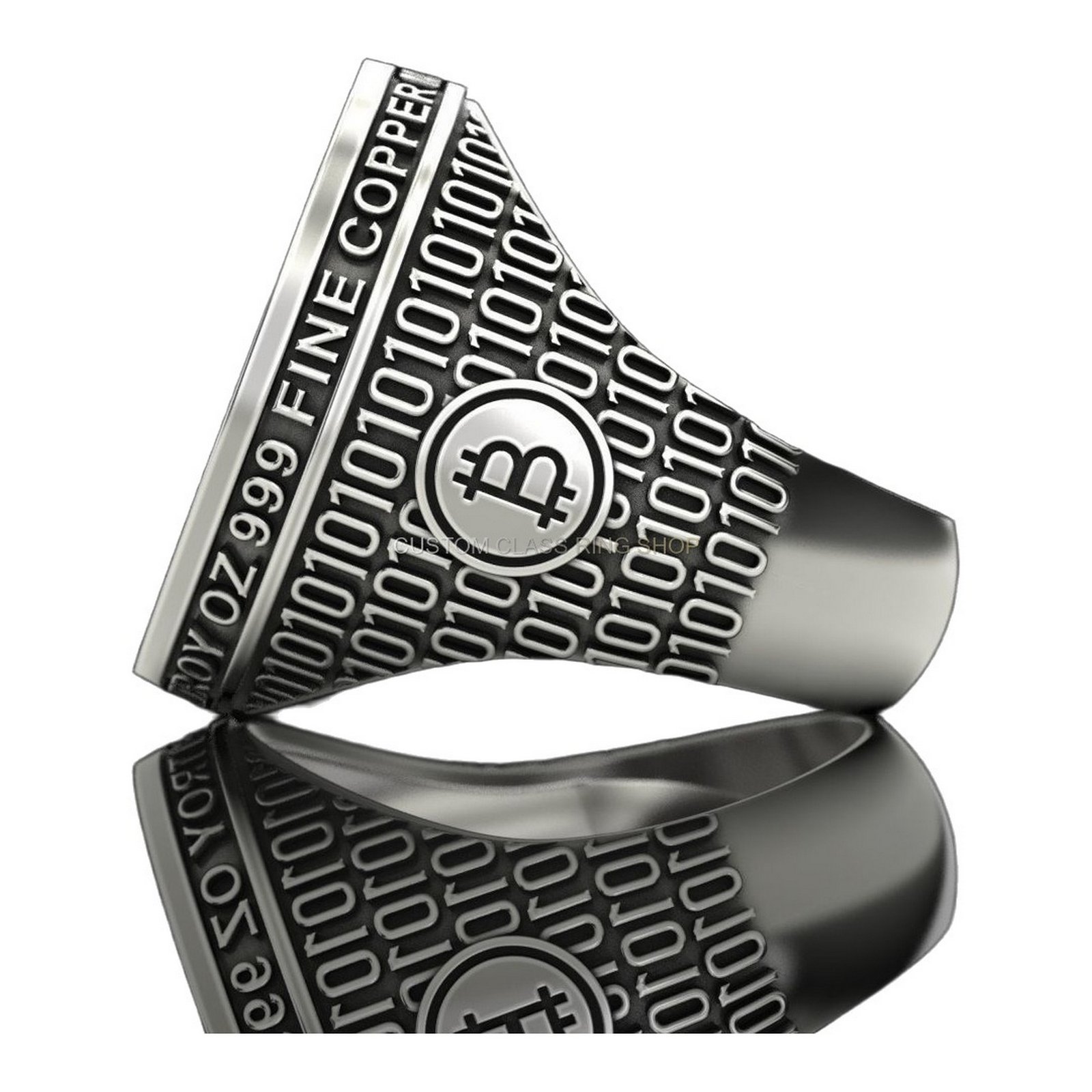Mens 925 silver bitcoin signet ring with deep-relief symbol and binary code band
