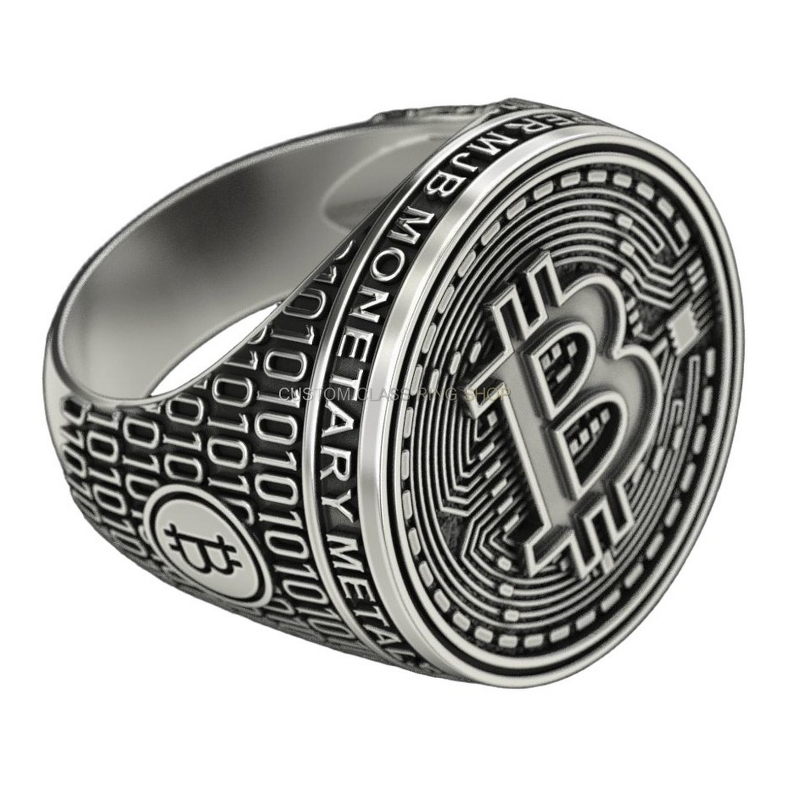Mens 925 silver bitcoin signet ring with deep-relief symbol and binary code band