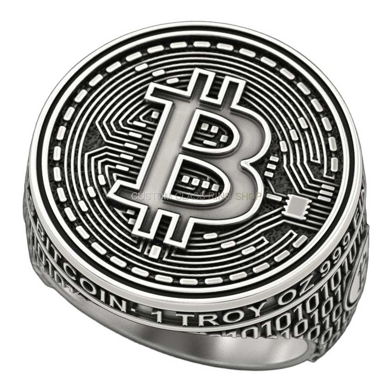 Mens 925 silver bitcoin signet ring with deep-relief symbol and binary code band