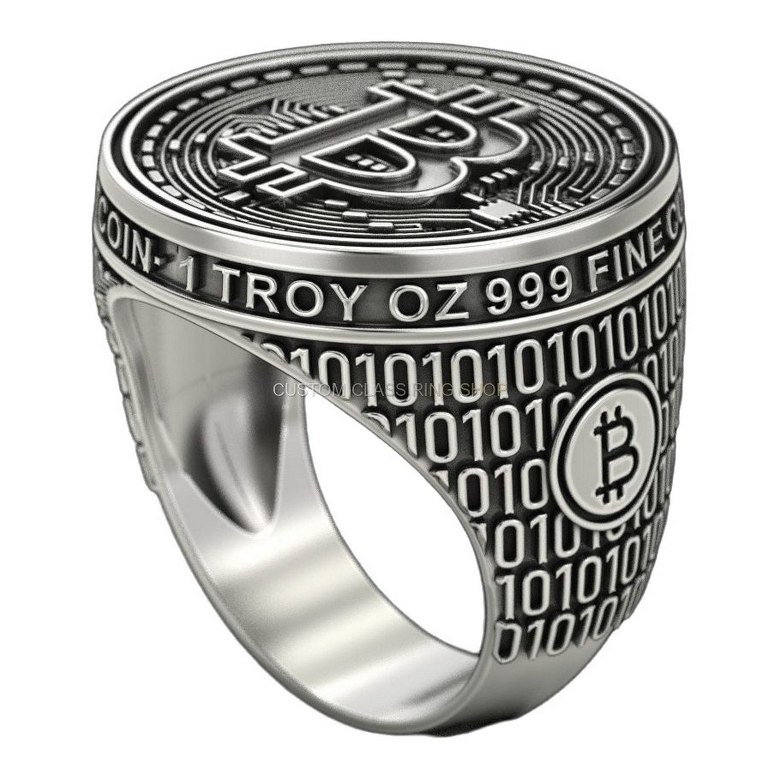 Mens 925 silver bitcoin signet ring with deep-relief symbol and binary code band