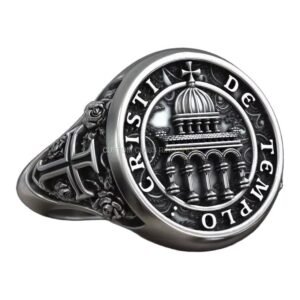 Sterling silver templar cross signet ring with cathedral dome and inscribed border
