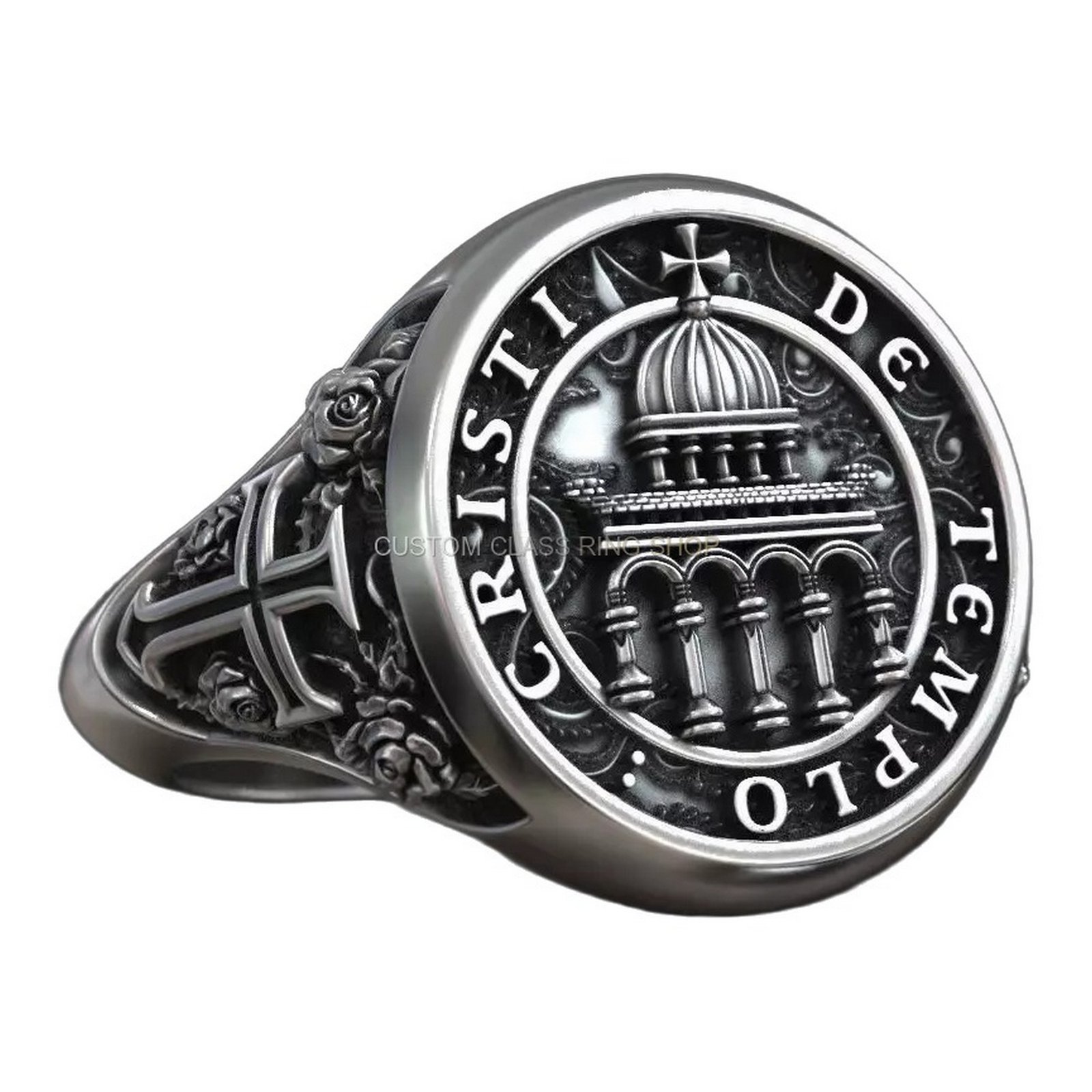 Sterling silver templar cross signet ring with cathedral dome and inscribed border