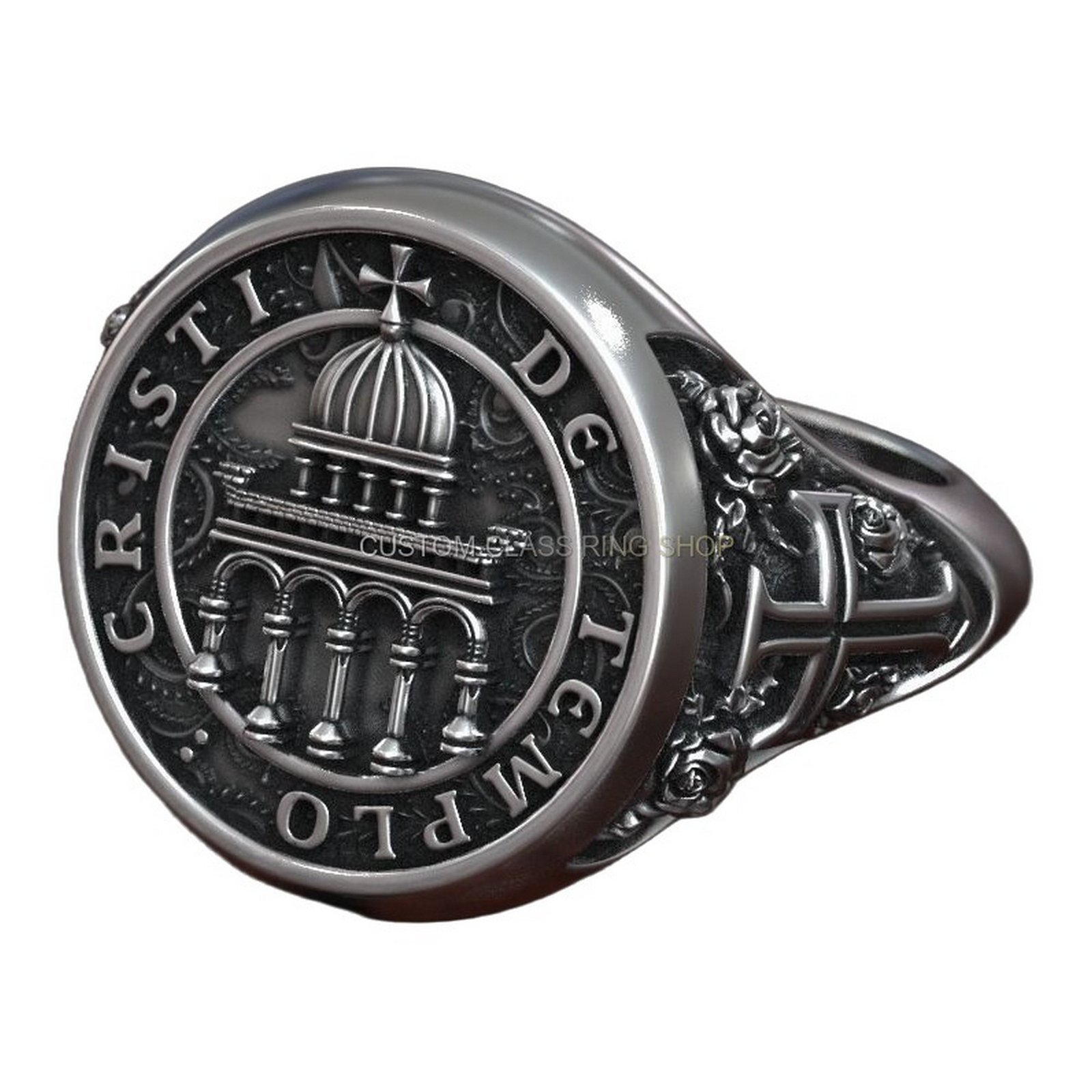 Sterling silver templar cross signet ring, angled three-quarter view with shoulders