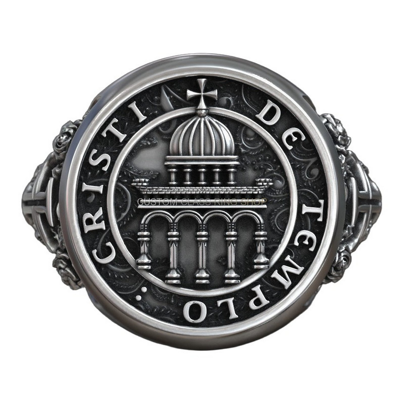 Sterling silver templar cross signet ring, top-down full face detail