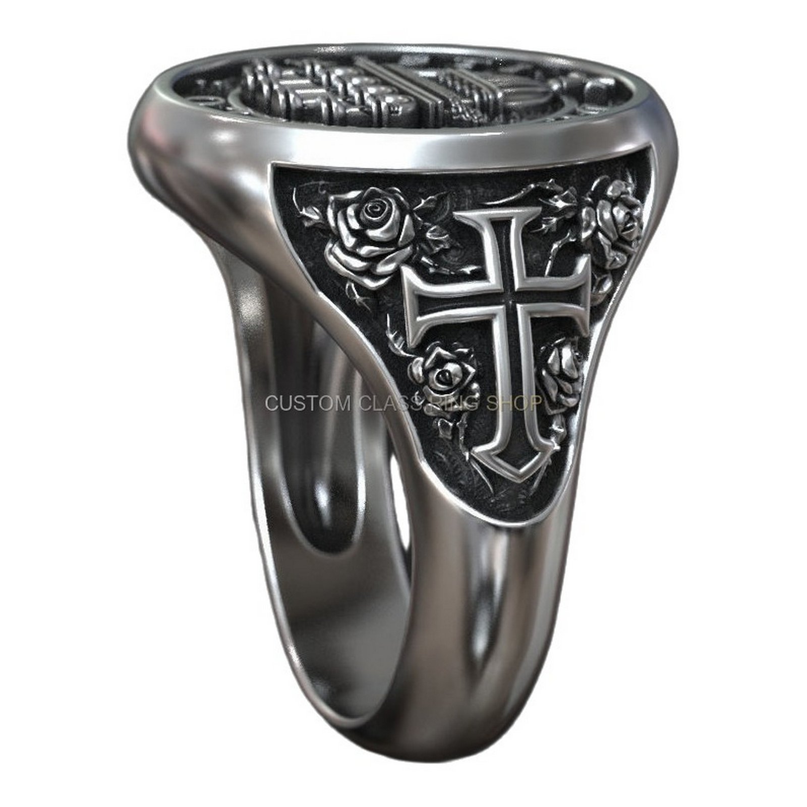 Sterling silver templar cross signet ring, interior band and cross pattern