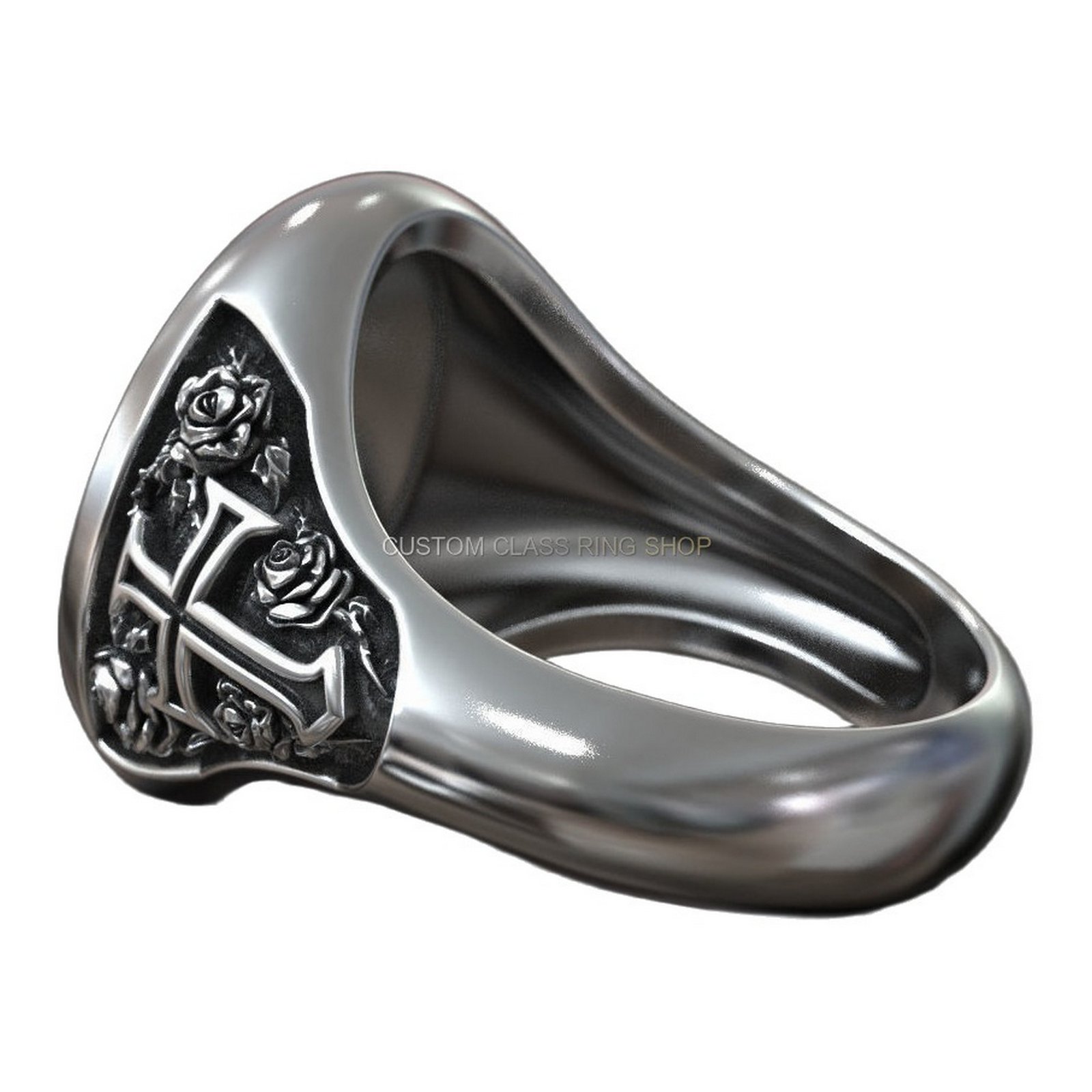 Sterling silver templar cross signet ring, side profile showing floral scroll work