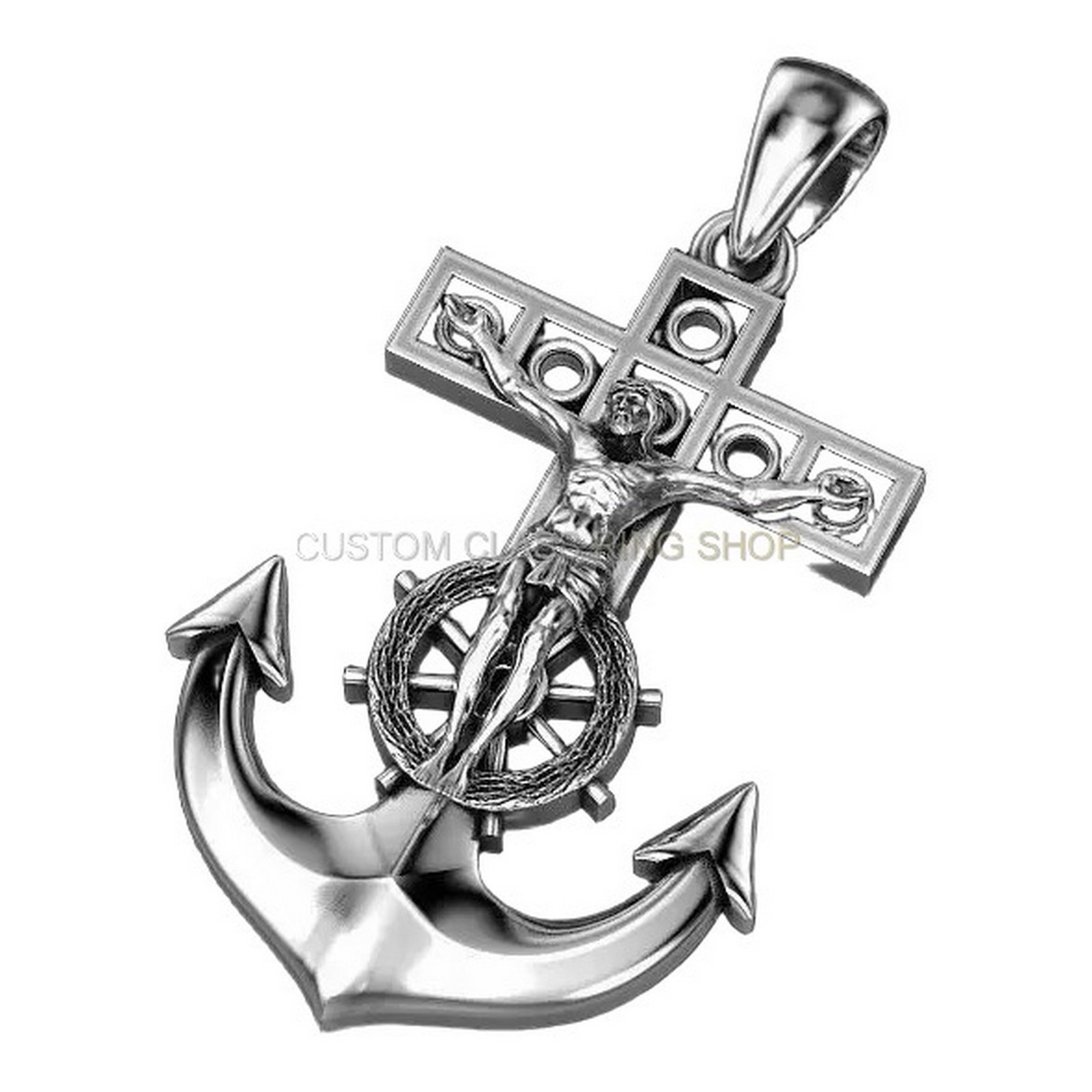 Mens sterling silver crucifix anchor pendant, angled three-quarter front view
