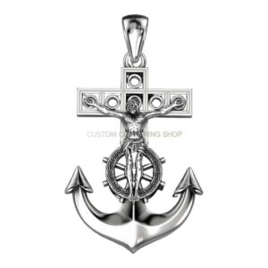 Mens sterling silver crucifix anchor pendant with ship's wheel detail
