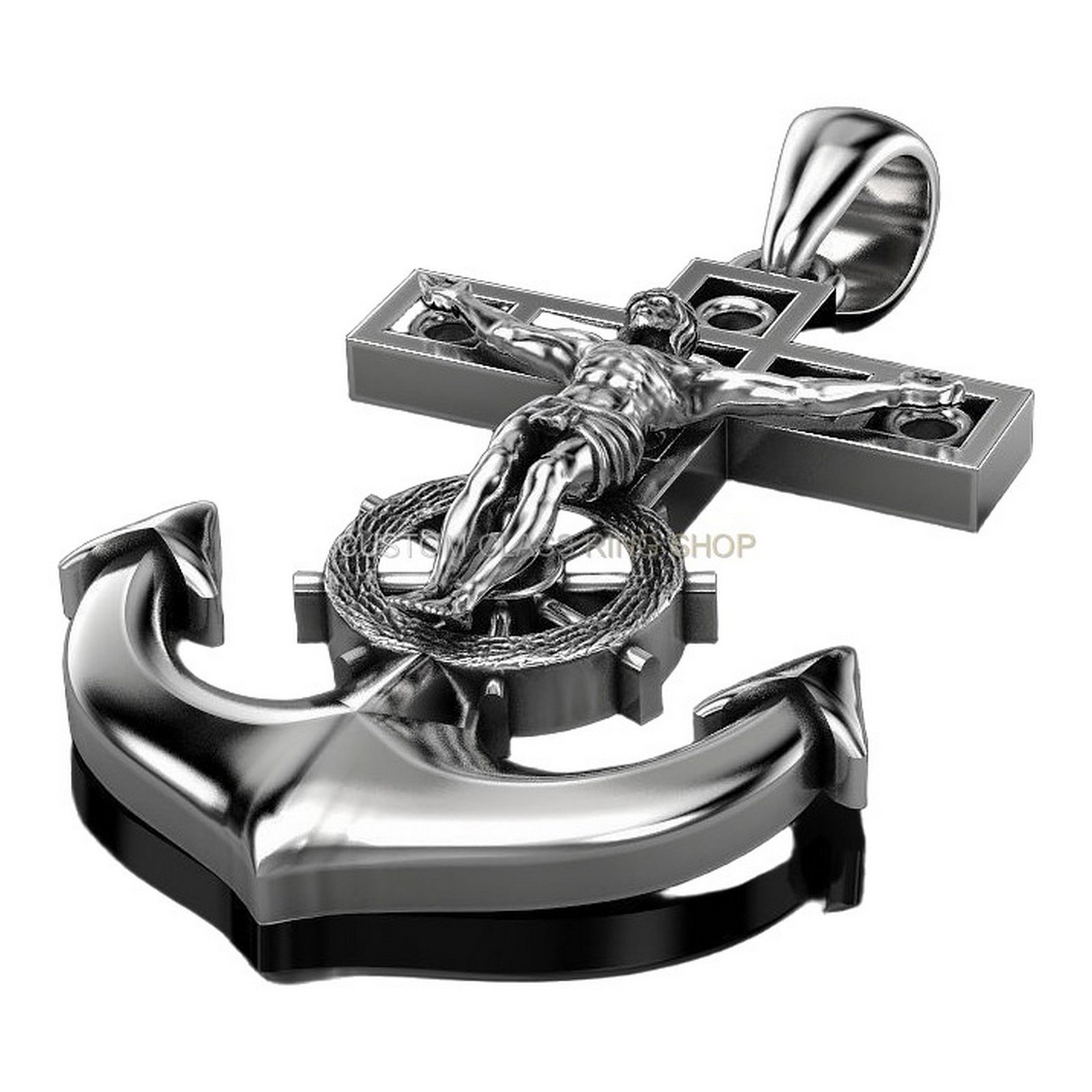 Mens sterling silver crucifix anchor pendant, right side profile angle