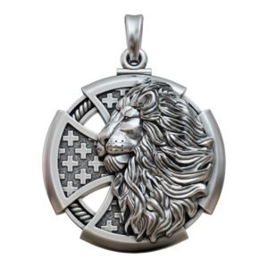 Sterling silver lion cross pendant with oxidized antique finish