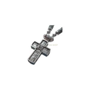 Oxidized sterling silver orthodox cross cherub pendant with filigree border