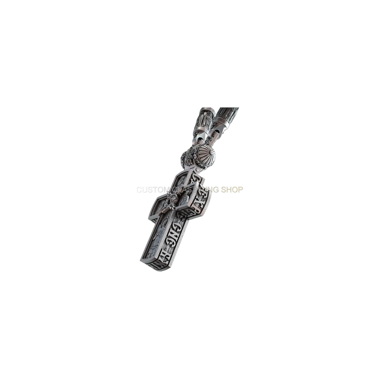 Sterling silver orthodox cross cherub pendant, straight head-on pendant face