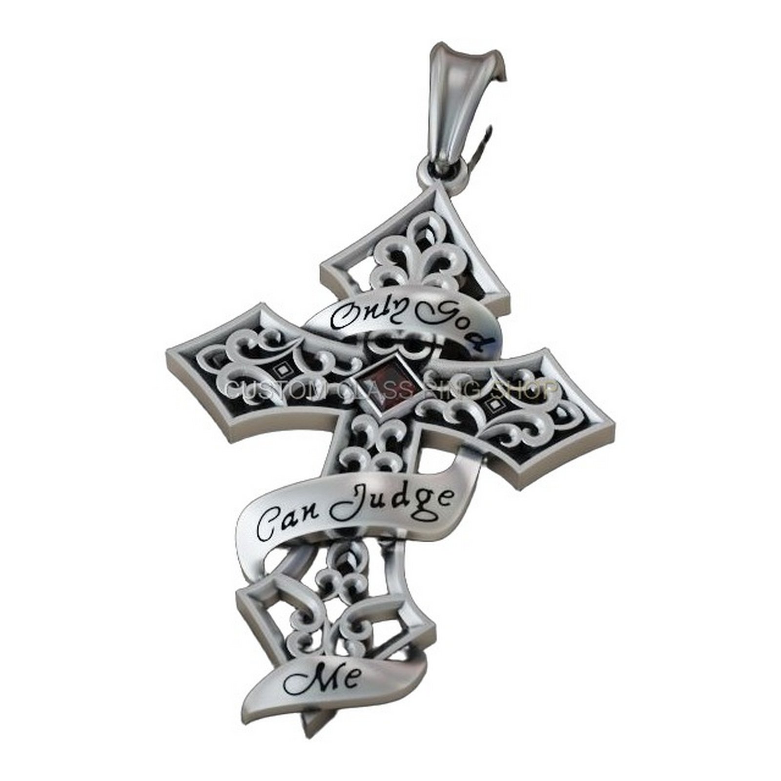 Sterling silver cross pendant with openwork filigree, decorative cross angled profile view
