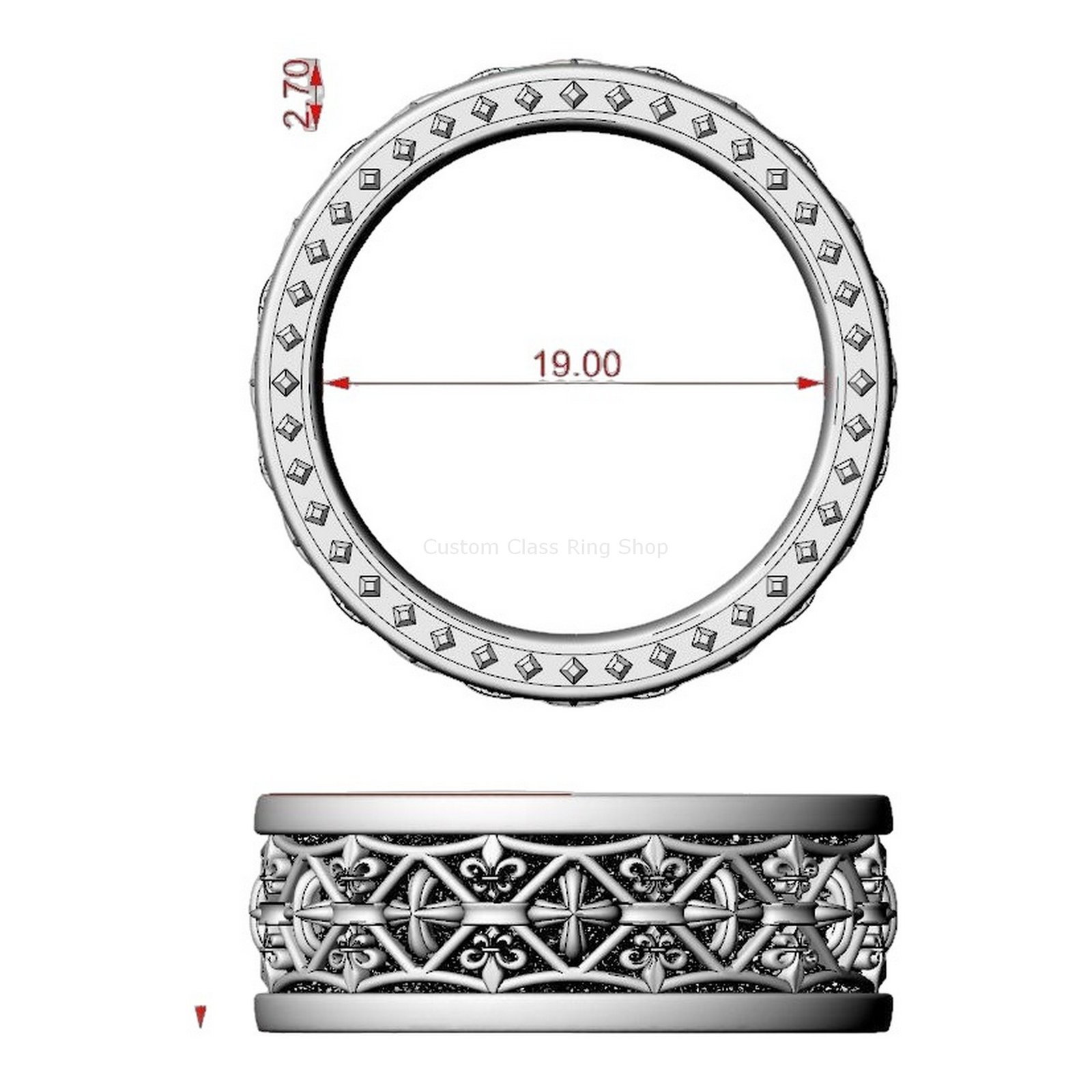 Oxidized 925 sterling silver fleur de lis cross ring with beaded border