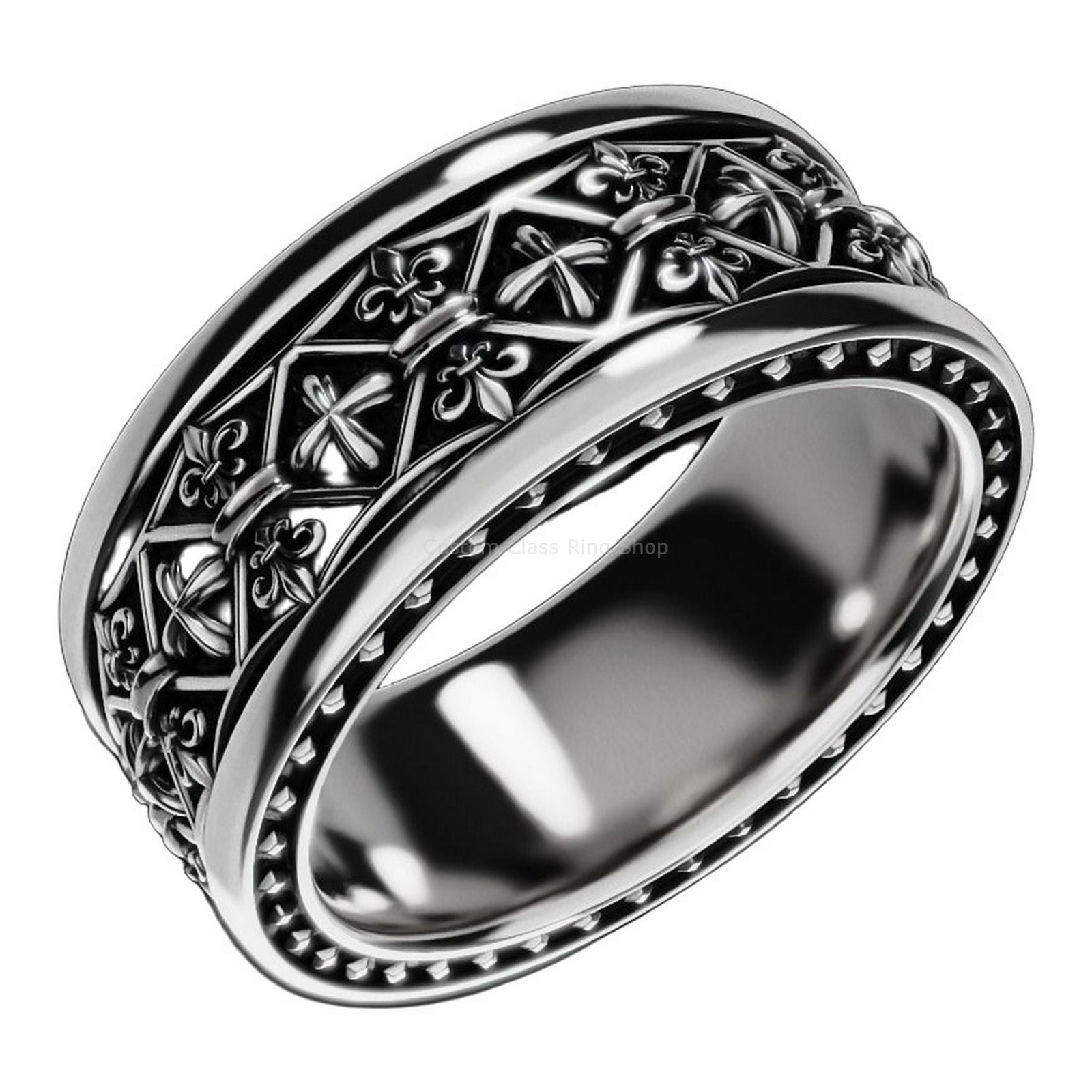 Sterling silver fleur de lis cross ring, front head-on centered view