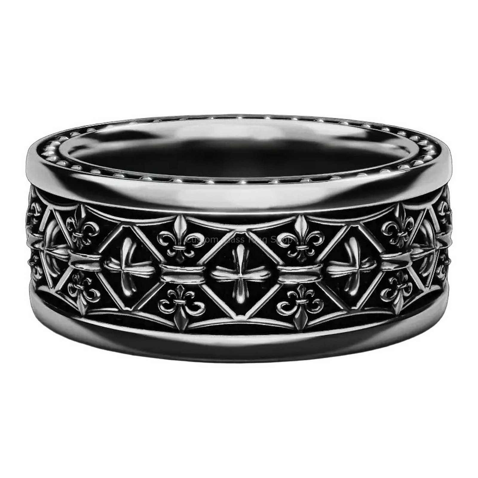 Sterling silver fleur de lis cross ring, angled three-quarter view