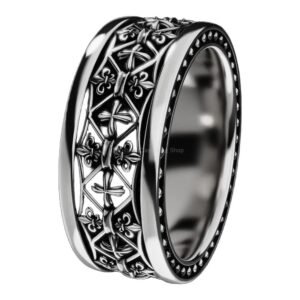 Oxidized 925 sterling silver fleur de lis cross ring with beaded border