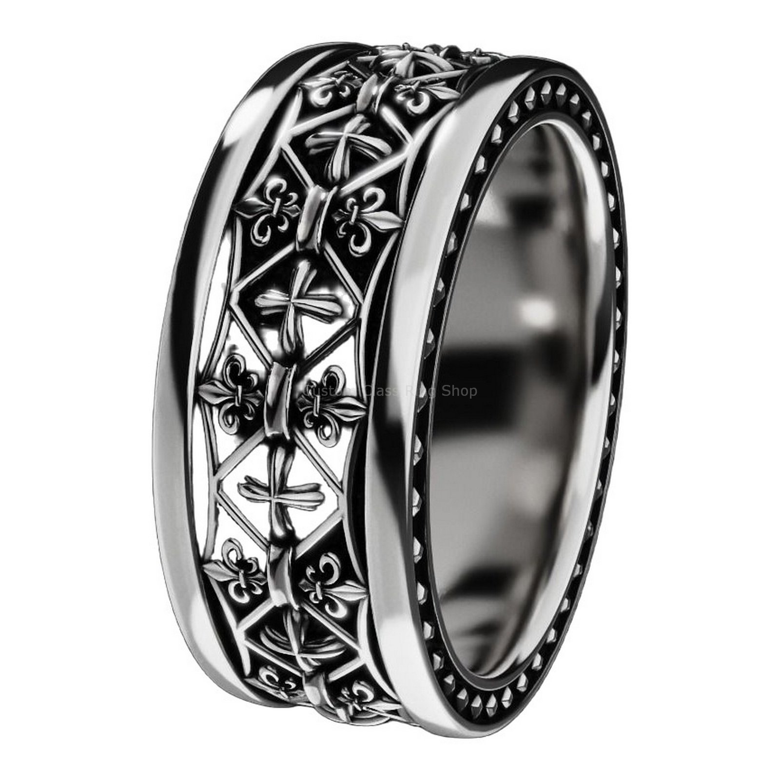 Oxidized 925 sterling silver fleur de lis cross ring with beaded border
