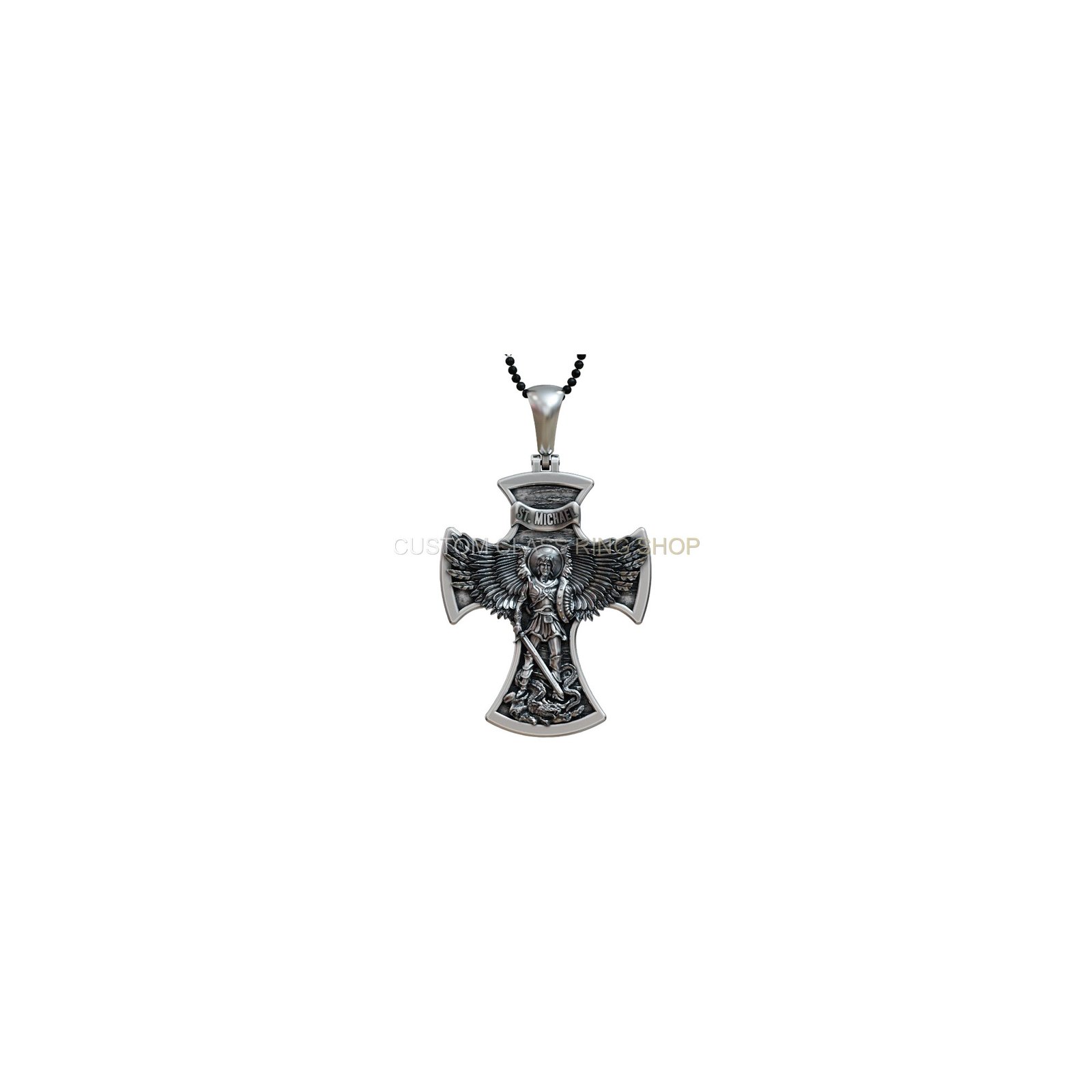 Sterling silver saint michael archangel pendant, side profile with chain detail
