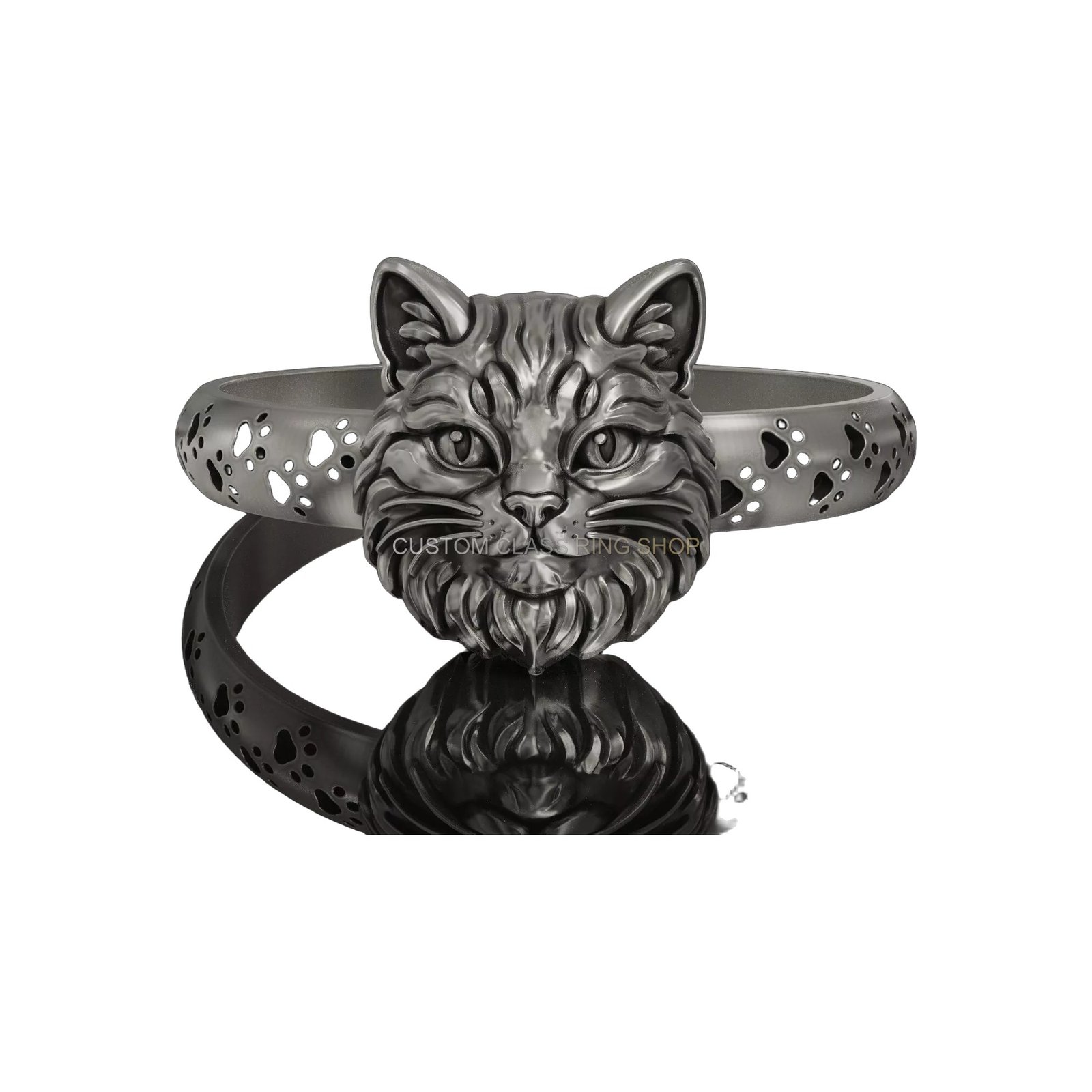 Sterling silver cute cat face ring, detailed shadow profile perspective