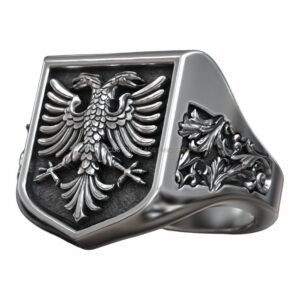 Sterling silver double headed eagle signet ring with oxidized finish