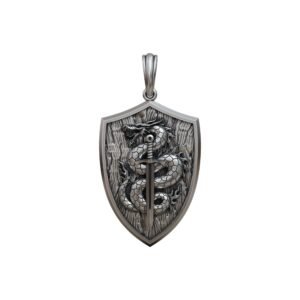 Sterling silver dragon sword shield pendant with oxidized antique finish