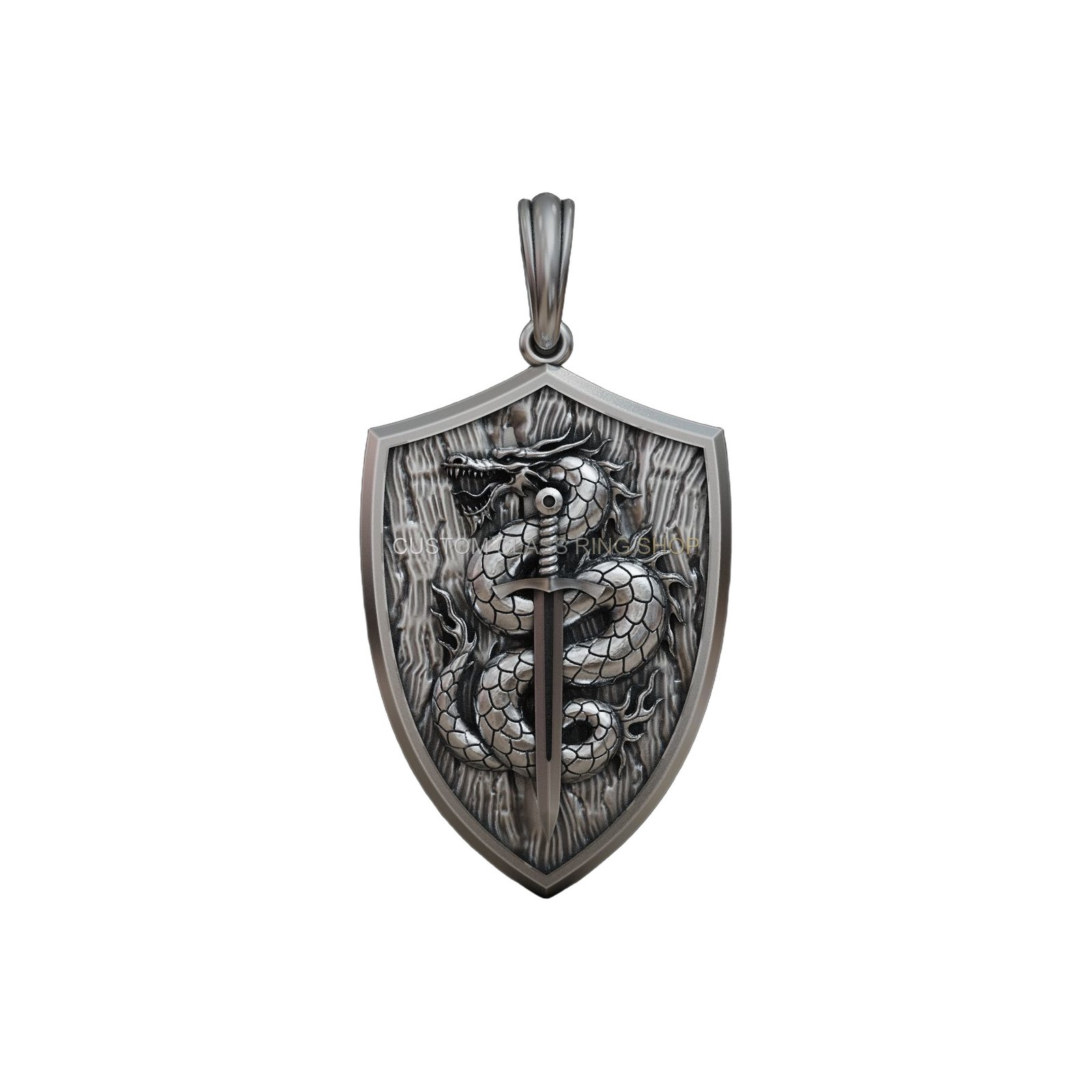 Sterling silver dragon sword shield pendant, direct front-on view of pendant