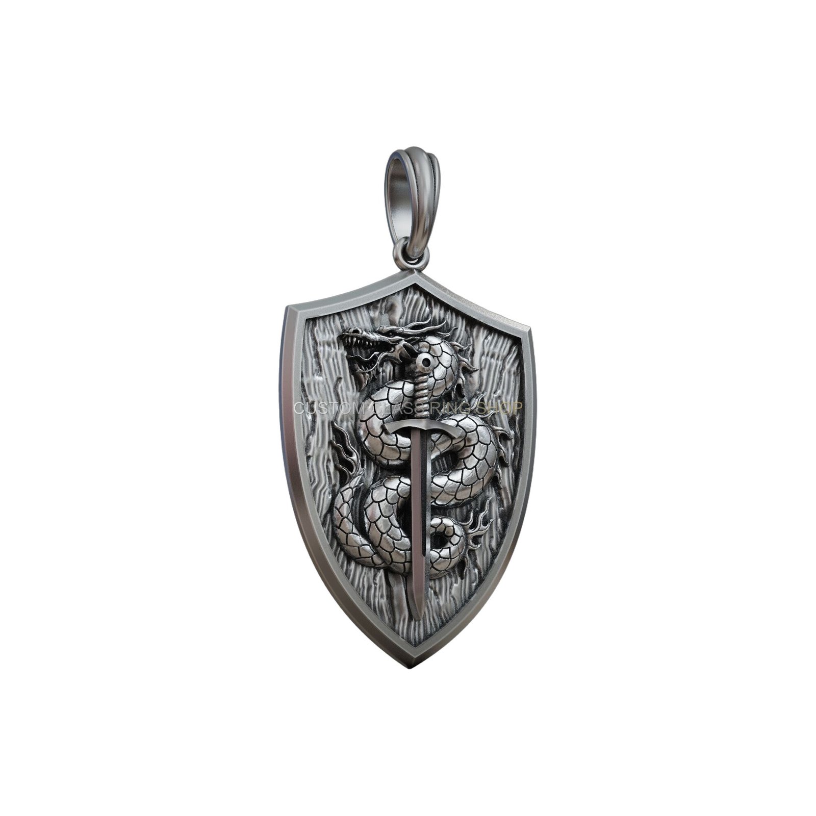 Sterling silver dragon sword shield pendant, angled three-quarter perspective