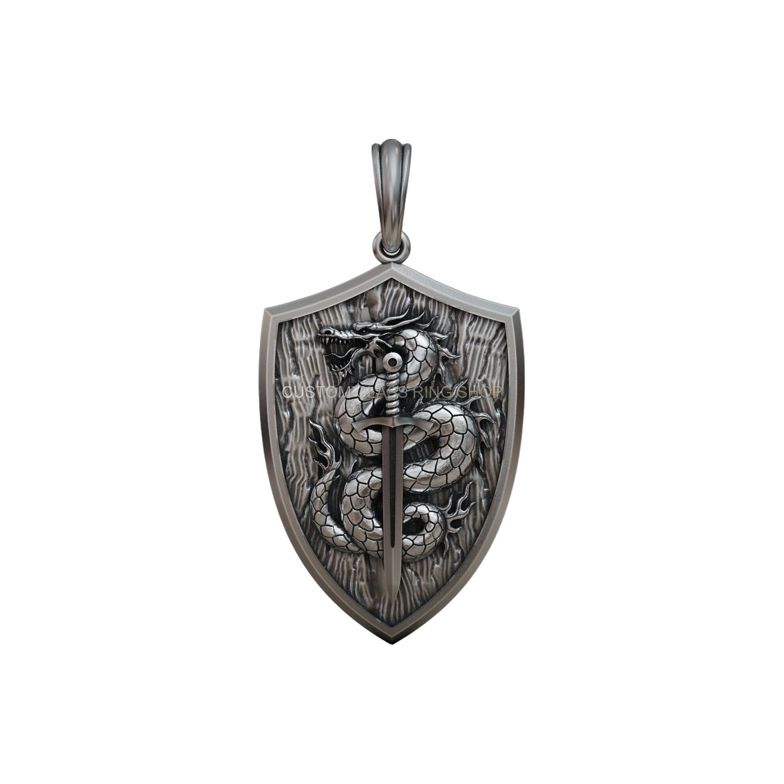 Sterling silver dragon sword shield pendant, full chain display layout
