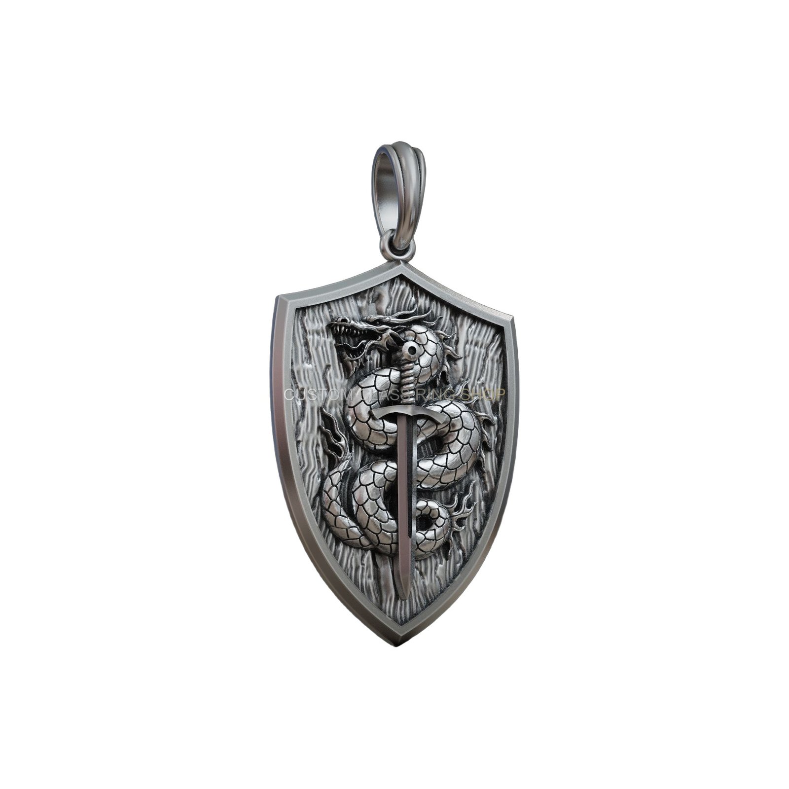 Sterling silver dragon sword shield pendant with oxidized antique finish