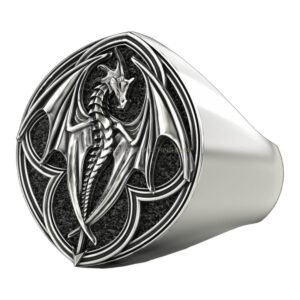 Men's sterling silver dragon signet ring with oxidized finish and ornate scalloped border