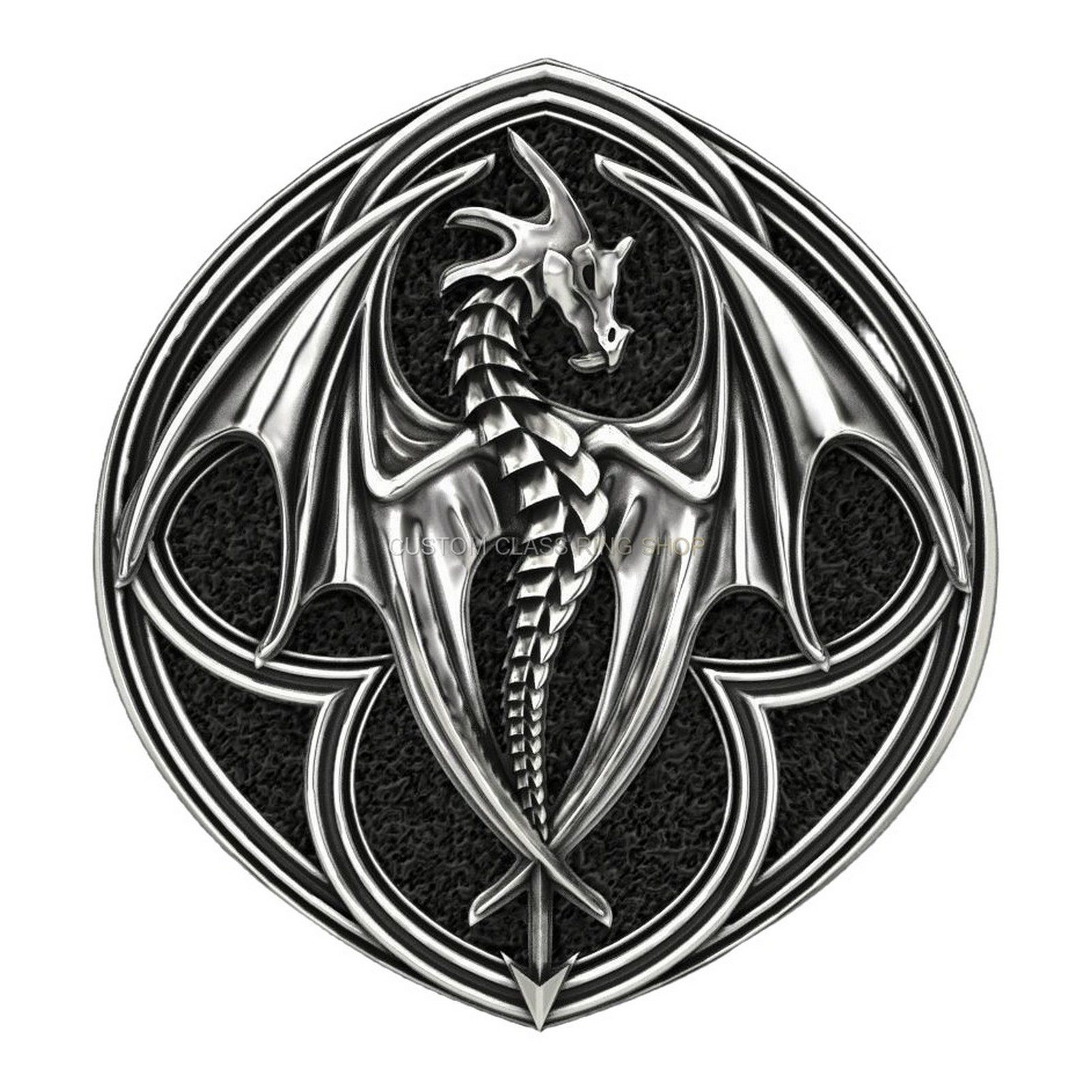 Men's sterling silver dragon signet ring with oxidized finish and ornate scalloped border