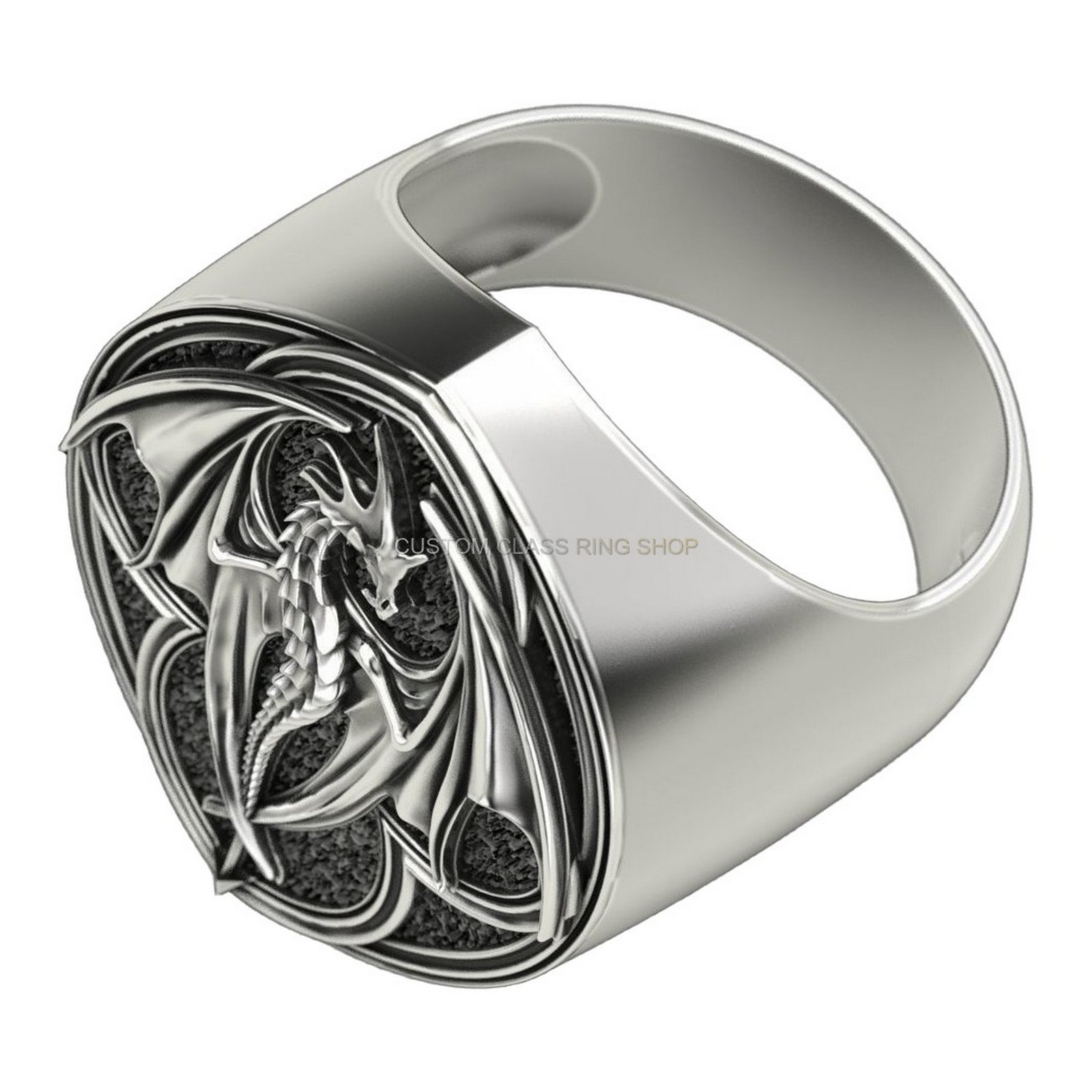 Men's sterling silver dragon signet ring with oxidized finish and ornate scalloped border