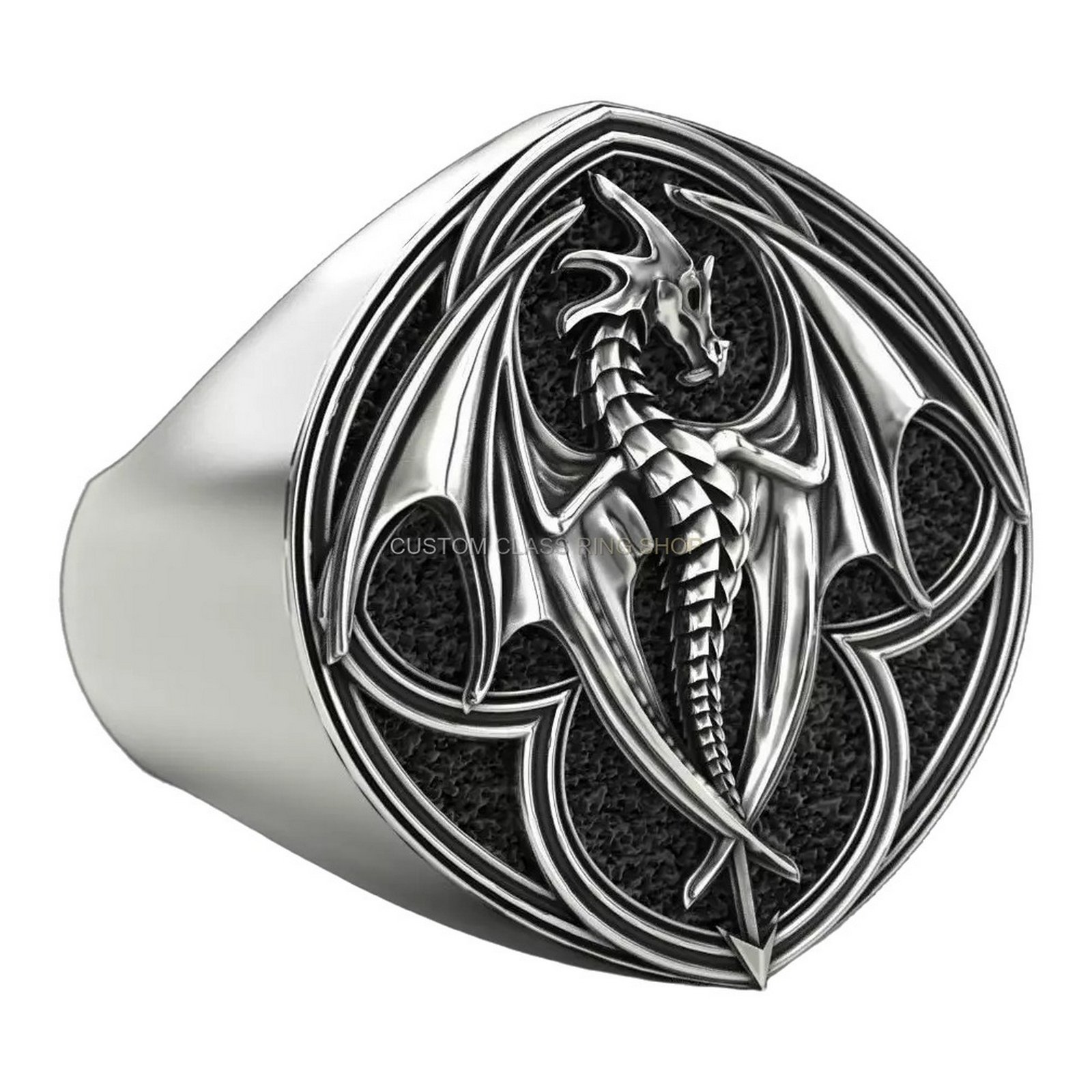 Men's sterling silver dragon signet ring with oxidized finish and ornate scalloped border