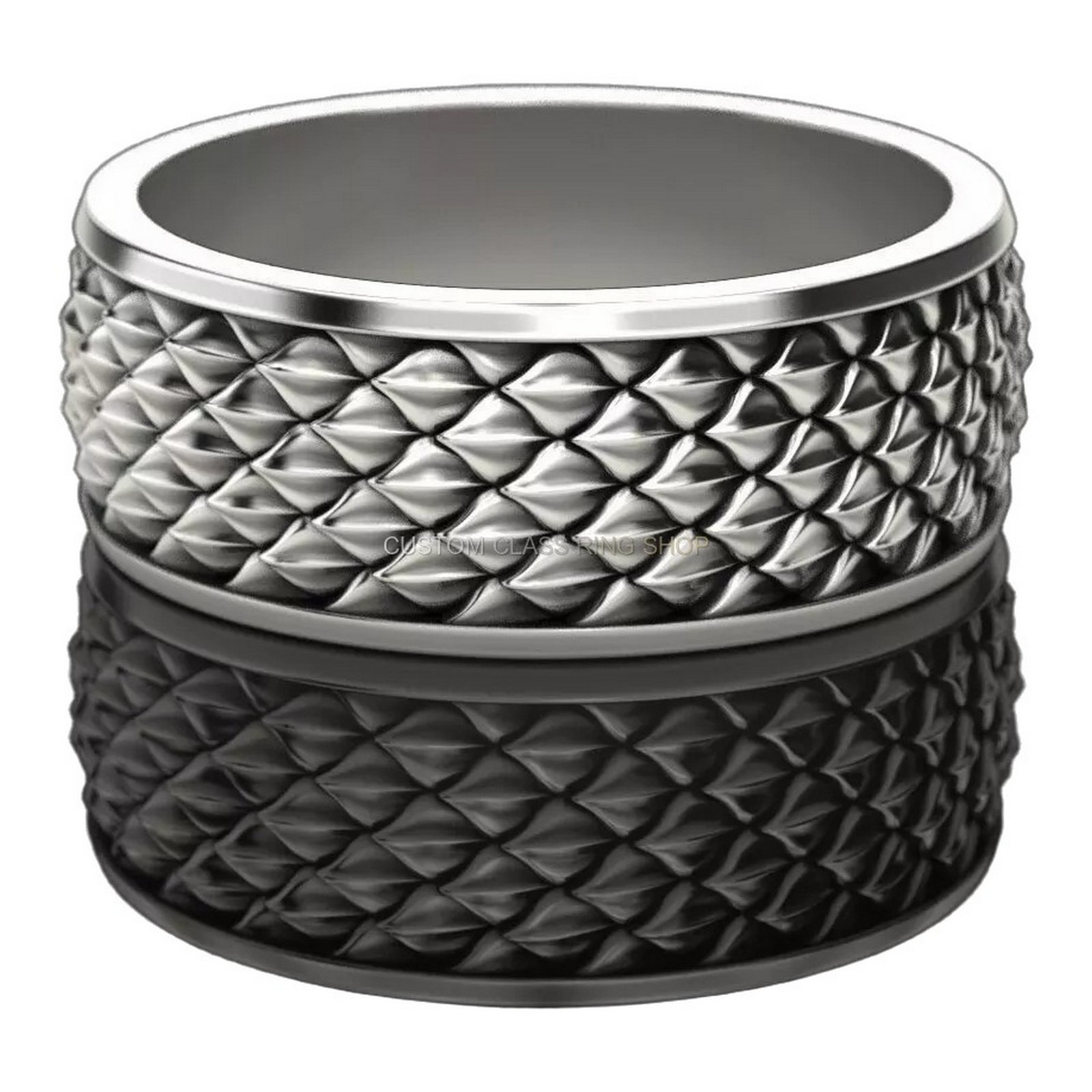 Unisex sterling silver quilted statement ring with textured diamond pattern
