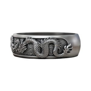 Sterling silver oriental dragon band ring with oxidized antique finish, front view