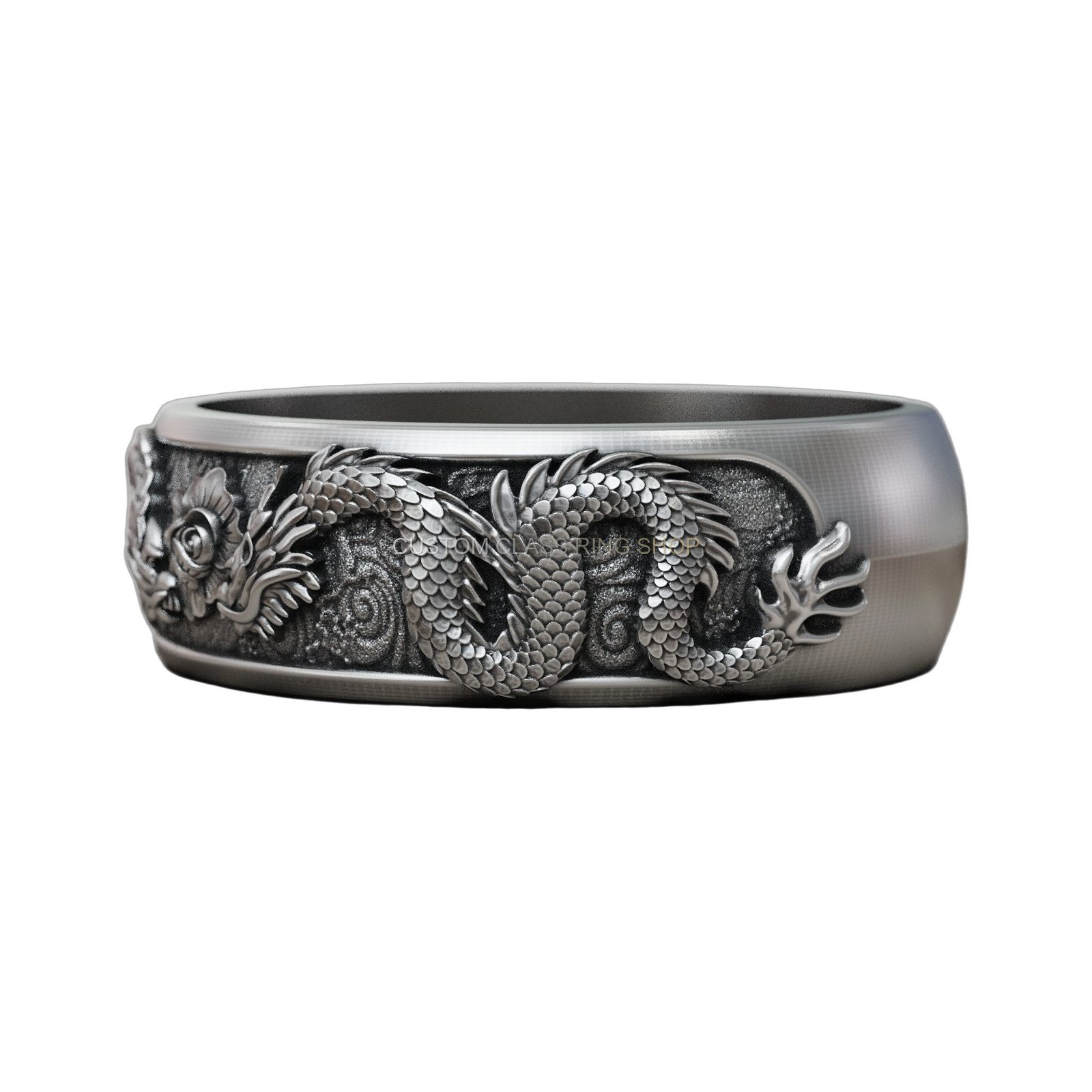 Sterling silver oriental dragon band ring with oxidized antique finish, front view