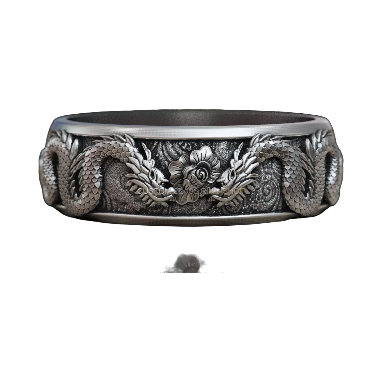 Sterling silver oriental dragon band ring, side band profile