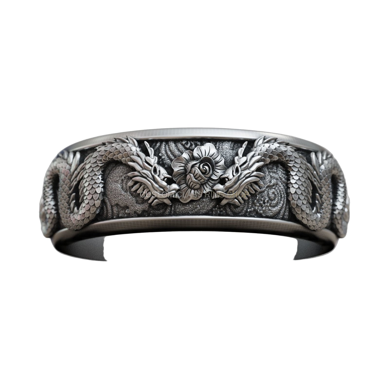 Sterling silver oriental dragon band ring with oxidized antique finish, front view