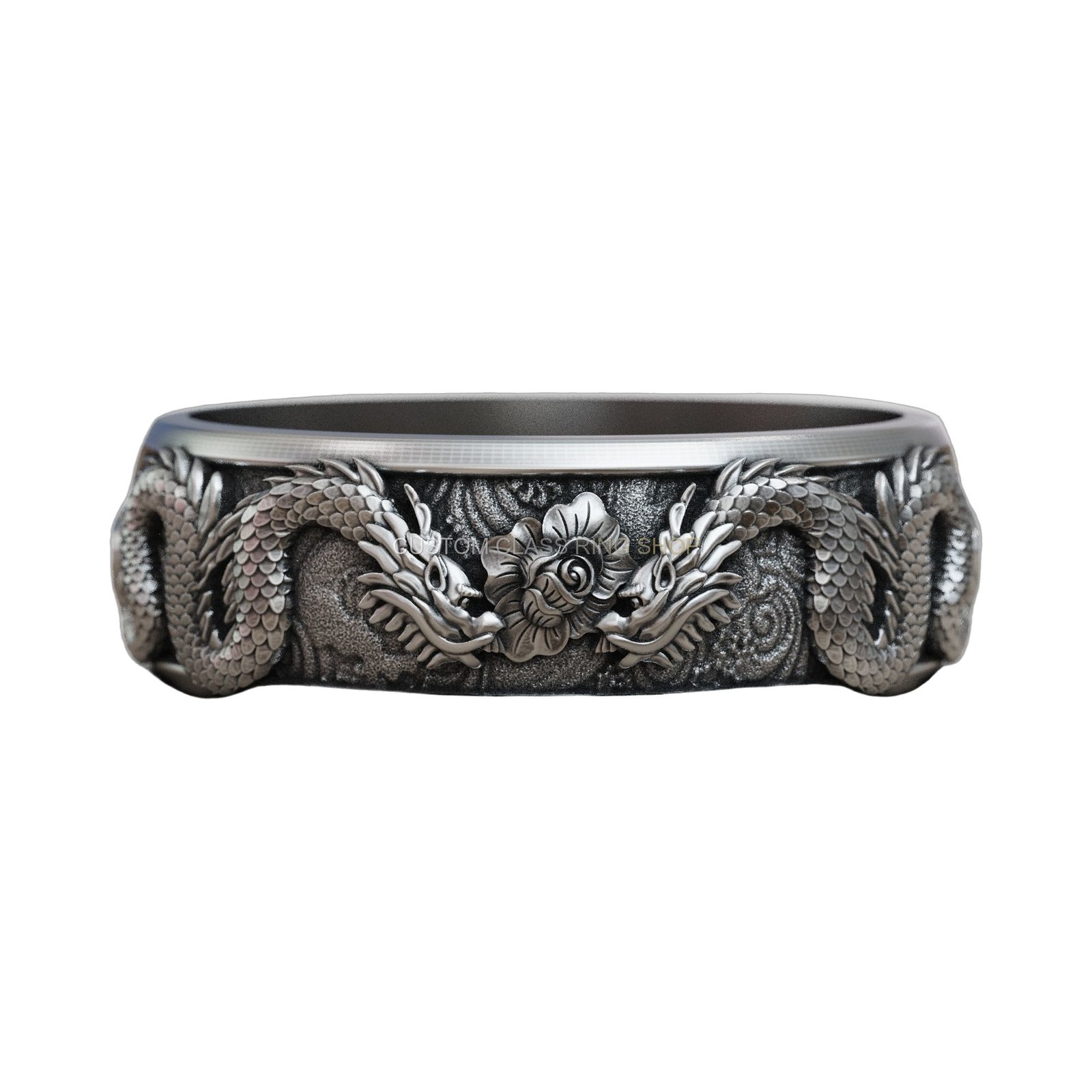 Sterling silver oriental dragon band ring with oxidized antique finish, front view