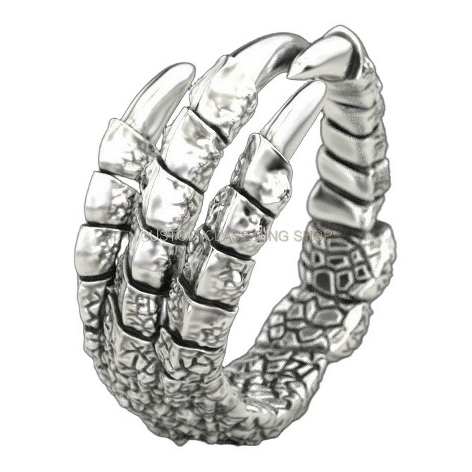 Mens sterling silver dragon claw bracelet, front-facing claw and scale detail
