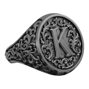 Sterling silver elegant letter signet ring filigree design front view