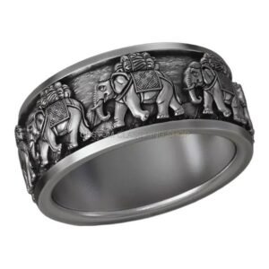 Sterling silver elephant caravan wide band ring with oxidized antique finish
