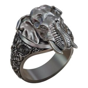 Sterling silver elephant head statement ring with ornate scrollwork band