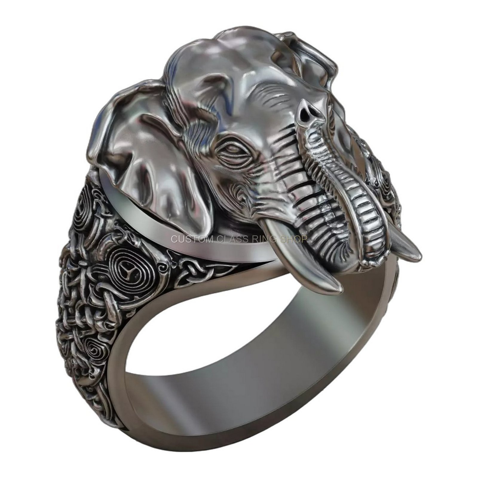Sterling silver elephant head statement ring with ornate scrollwork band