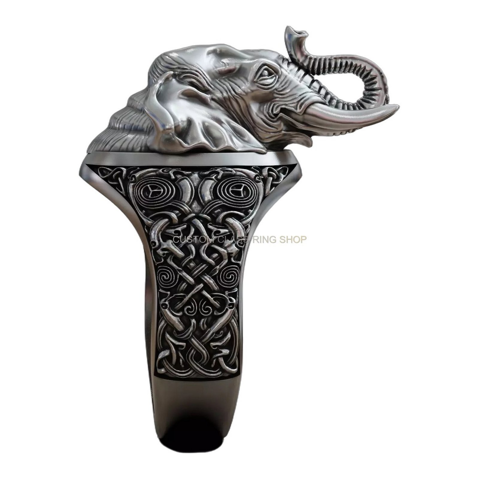 Sterling silver elephant head statement ring, side profile with trunk detail