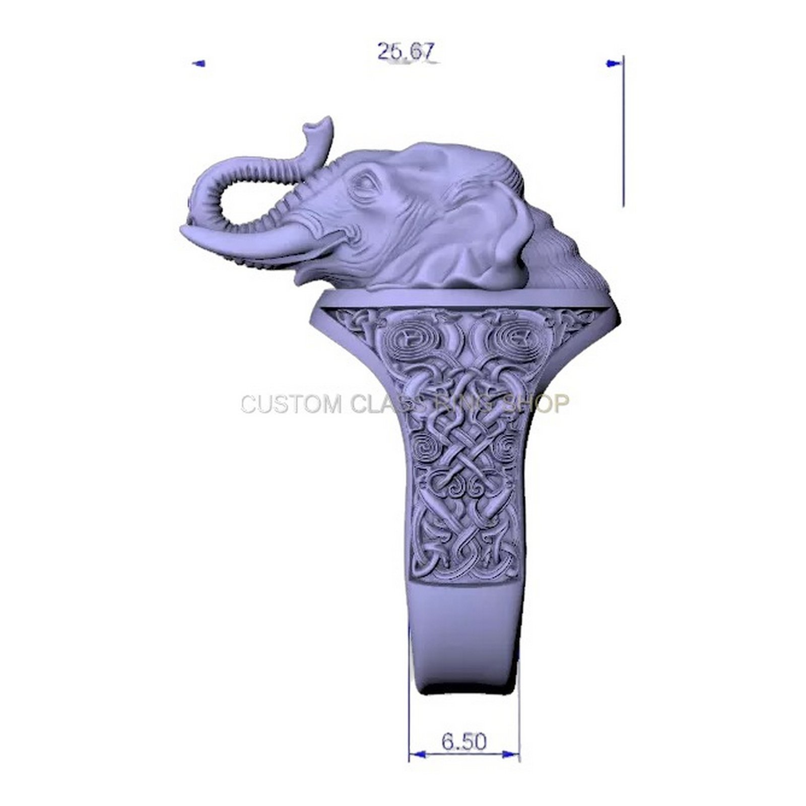 Sterling silver elephant head statement ring with ornate scrollwork band