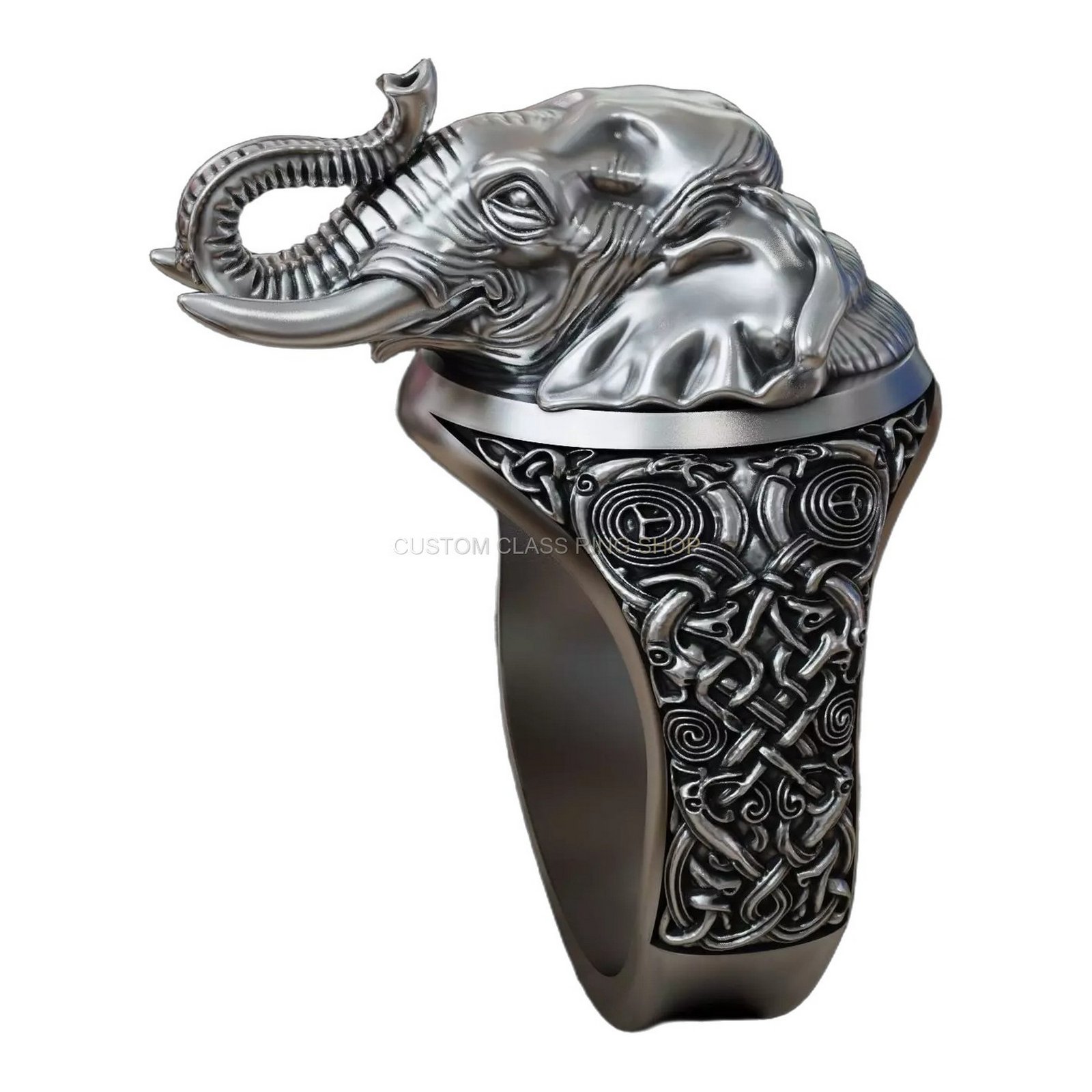 Sterling silver elephant head statement ring, side view showing band and shoulders